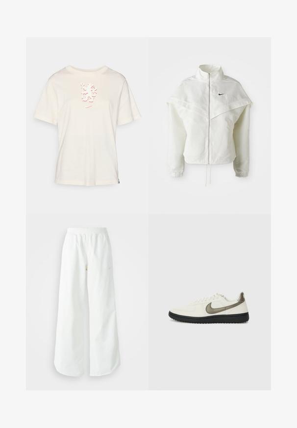 Balta ilga rankovė zip-up striukė su aukštu apykakle, švarkelio tipo detalėmis ant pečių, elastingomis rankovėmis ir mažuoju juodu Nike logotipu ant krūtinės.; Kreminės spalvos medvilnės marškinėliai su trumpomis rankovėmis ir tekstūruota raudona grafika priekyje. Turi apvalų kaklo iškirpimą ir suapvalintą hemą.; Balti sportiniai keliai su platėjančiomis kojomis, su įtemptu juosmeniu ir subtilia logotipo detale. Lygus audinys, laisvas kirpimas ir siaurėjantis apatinis kraštas.; Nike Sportswear FIELD GENERAL - Sportbačiai - off-white/black