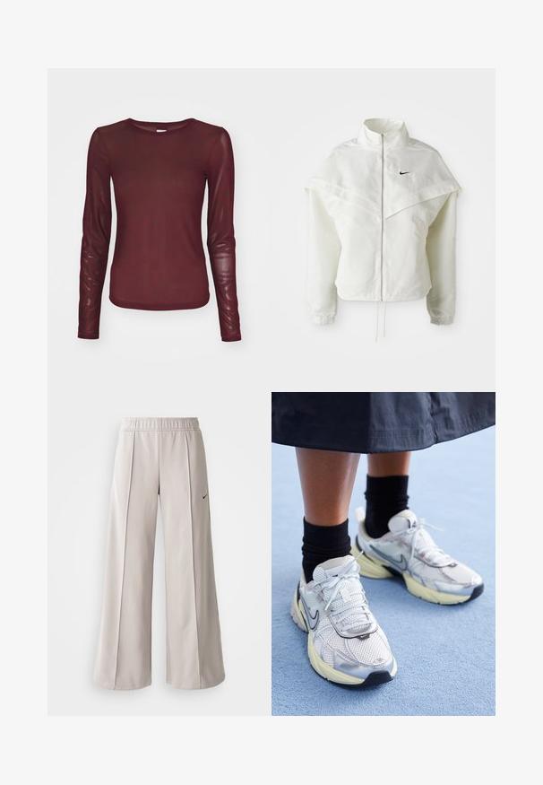Fehér, hosszú ujjú, zipzáras dzseki magas gallérral, a vállakon lebegő, köpenyszerű résszel, rugalmas mandzsettákkal és kis fekete Nike logóval a mellkason.; Burgundi hosszúujjú felső áttetsző anyagból, finom fekete logómintával. Kereknyakú és testhezálló szabású.; Világosszürke, bő szabású nadrág sima anyagból. Gumírozott derékrésszel és fekete Nike logóval a bal oldalon.; Fehér és ezüst Nike sportcipők hálós anyagból, fényvisszaverő részletekkel és bézs talppal. Fekete zoknival viselve, egy kék felületen állva.