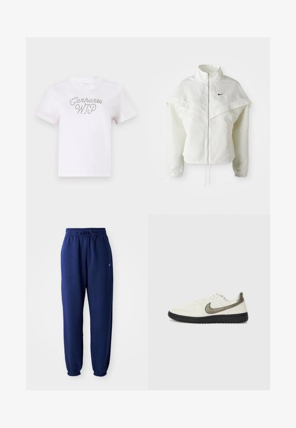 White long-sleeve zip-up jacket with high collar, cape-like detail across shoulders, elastic cuffs, and small black Nike logo on chest.; White cotton t-shirt with short sleeves and a rounded neckline, featuring a decorative text print in a wavy, light gray design.; Navy blue sweatpants made of soft fabric, featuring an elastic waistband with drawstring, elastic cuffs, and a small white logo.; Nike Sportswear FIELD GENERAL - Trainers - off-white/black