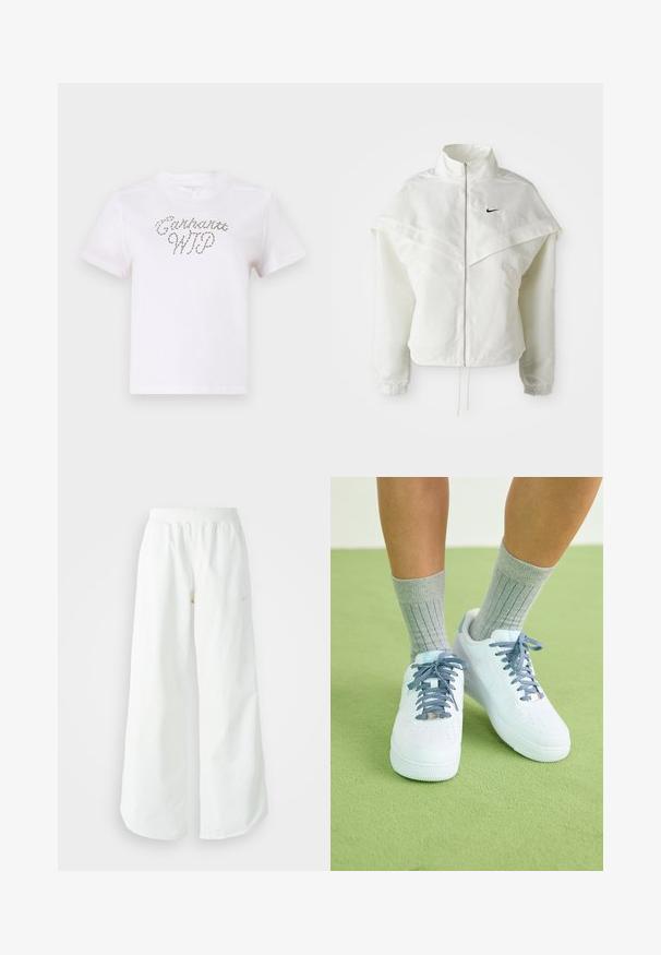 Biela bunda s dlhým rukávom na zips a vysokým golierom, s plášťovým detailom cez plecia, elastickými manžetami a malým čiernym logom Nike na hrudi.; Biely bavlnený tričko s krátkymi rukávmi a okrúhlym výstrihom, s dekoratívnym potlačeným textom v jemnom sivom vlnovitom dizajne.; Biele široké športové nohavice s ribbovaným pásom a jemným logom. Hladká tkanina s uvoľneným strihom a zúženým lemom.; Biele kožené tenisky s modrými akcentmi, perforovaným dizajnom na špičke a textúrovanými modro-bielymi šnúrkami, nosené so sivými rebrovanými ponožkami.