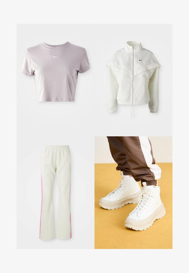 Balta ilga rankovė zip-up striukė su aukštu apykakle, švarkelio tipo detalėmis ant pečių, elastingomis rankovėmis ir mažuoju juodu Nike logotipu ant krūtinės.; Šviesiai violetinė sutrumpinta marškinėlių bluzonė, pagaminta iš švelnios medžiagos. Turint apvalų kaklą ir trumpas rankoves, su mažu baltu Nike logotipu krūtinėje.; Šviesiai smėlio spalvos kelnės su elastinga juosmens juosta, turinčios rožinius šoninius panelius ir šonines kišenes. Lygi tekstūra su tiesiomis kojomis.; Baltos aukštos sportinės bateliai su masyviu, tekstūruotu padu, sklandžiu viršumi, apvalia nosimi ir toniniu raišteliu, prieš geltoną foną.