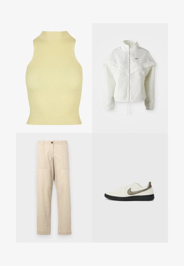 Giacca bianca a maniche lunghe con zip e colletto alto, dettaglio a mantella sulle spalle, polsini elasticizzati e piccolo logo Nike nero sul petto.; Top smanicato a costine di un morbido giallo, con collo alto e silhouette aderente. Realizzato in un morbido tessuto jersey elasticizzato per garantire comfort.; Pantaloni in cotone beige con taglio dritto, dotati di tasche frontali, chiusura con bottone e orli con risvolto. Tessuto liscio e design minimal.; Nike Sportswear FIELD GENERAL - Sneakers basse - off-white/black