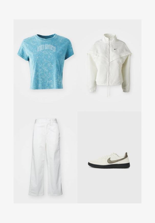 Jaqueta branca de mangas longas com fecho éclair e gola alta, detalhe tipo capa nos ombros, punhos elásticos e pequeno logótipo preto da Nike no peito.; Camiseta cropped azul clara feita de algodão com uma textura mármore. Apresenta mangas curtas e "NIKE SPORTS" em bordado branco no peito.; Calças largas brancas feitas de algodão, com uma textura suave, corte reto, bolsos frontais e bainha limpa.; Nike Sportswear FIELD GENERAL - Sapatilhas - off-white/black