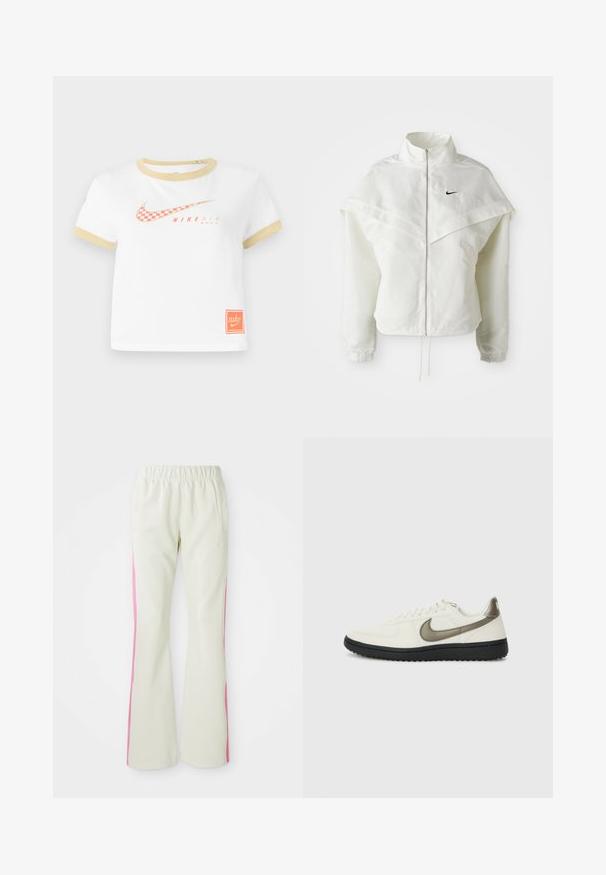 Balta ilga rankovė zip-up striukė su aukštu apykakle, švarkelio tipo detalėmis ant pečių, elastingomis rankovėmis ir mažuoju juodu Nike logotipu ant krūtinės.; Balta marškinėliai su auksine apdaila, turintys raudoną languotą Nike swoosh logotipą, tekstą „NIKE AIR“ ir mažą oranžinę Nike etiketę ant apatinės dalies.; Šviesiai smėlio spalvos kelnės su elastinga juosmens juosta, turinčios rožinius šoninius panelius ir šonines kišenes. Lygi tekstūra su tiesiomis kojomis.; Nike Sportswear FIELD GENERAL - Sportbačiai - off-white/black