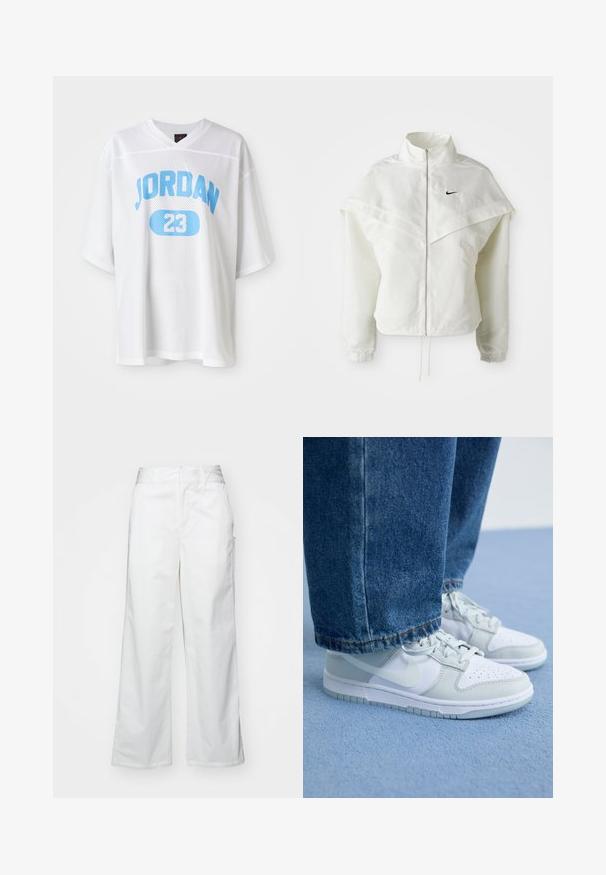 Balta ilga rankovė zip-up striukė su aukštu apykakle, švarkelio tipo detalėmis ant pečių, elastingomis rankovėmis ir mažuoju juodu Nike logotipu ant krūtinės.; Balta tinklinė marškinėliai su trumpomis rankovėmis, su mėlynu "JORDAN" užrašu ir "23" ovalo formoje. Lengvas, pralaidus orui audinys, per didelis fasonas.; Balti plačios kojos kelnės, pagamintos iš medvilnės, turinčios lygią tekstūrą, tiesų siluetą, priekinės kišenės ir švarų apvado kraštą.; Nike sportbačiai balti ir šviesiai pilki odiniai, su perforuota pirštine, plokščiomis raišteliais ir guminiu padu, derinami su mėlyniais džinsais.