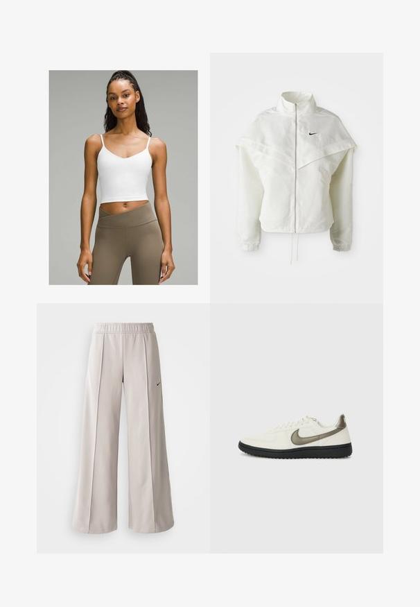 Weiße langärmlige Zip-Jacke mit hohem Kragen, cape-artigem Detail über den Schultern, elastischen Bündchen und kleinem schwarzen Nike-Logo auf der Brust.; Weißes, bauchfreies Tanktop mit dünnen Trägern und V-Ausschnitt. Kombiniert mit hochgeschnittenen, hellbraunen Leggings. Glatte Stofftextur.; Helle graue, weit geschnittene Hose aus glattem Stoff. Mit einem elastischen Bund und dem schwarzen Nike-Logo auf der linken Seite.; Nike Sportswear FIELD GENERAL - Sneaker low - off-white/black