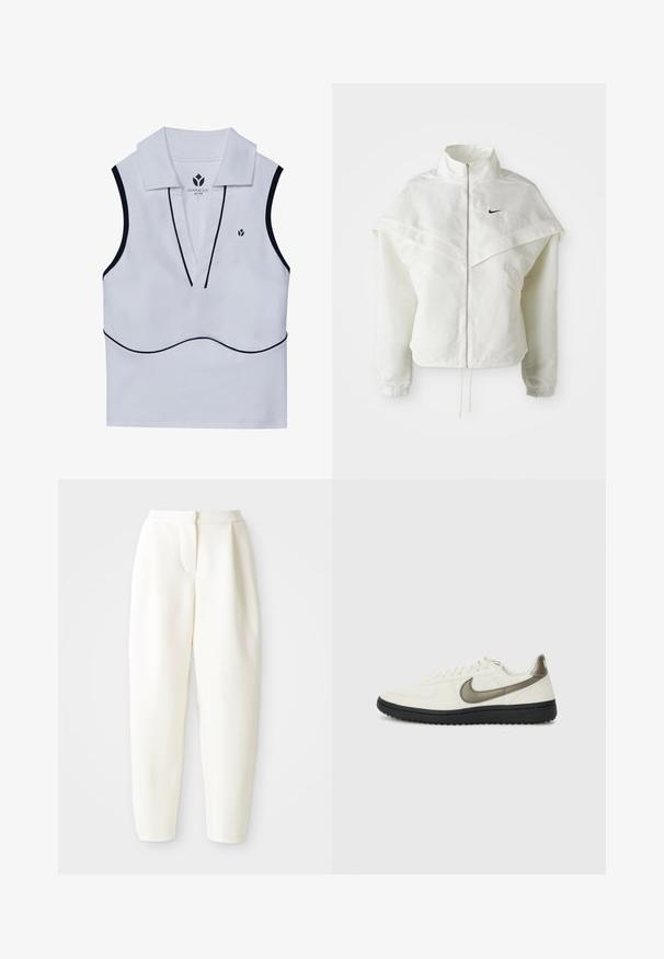 Biała, długozapinana kurtka na zamek z wysokim kołnierzem, z pelerynowym detalem na ramionach, elastycznymi mankietami i małym czarnym logo Nike na piersi.; Biała, bezrękawnikowa koszulka sportowa z kołnierzykiem, głębokim dekoltem w kształcie V, czarnymi detalami oraz małym logo w lewym górnym rogu.; Białe spodnie z wysokim stanem, zwężające się ku dołowi, z ukrytym zapięciem z przodu i kieszeniami po bokach, przedstawione na jednolitym białym tle.; Nike Sportswear - Sneakersy niskie