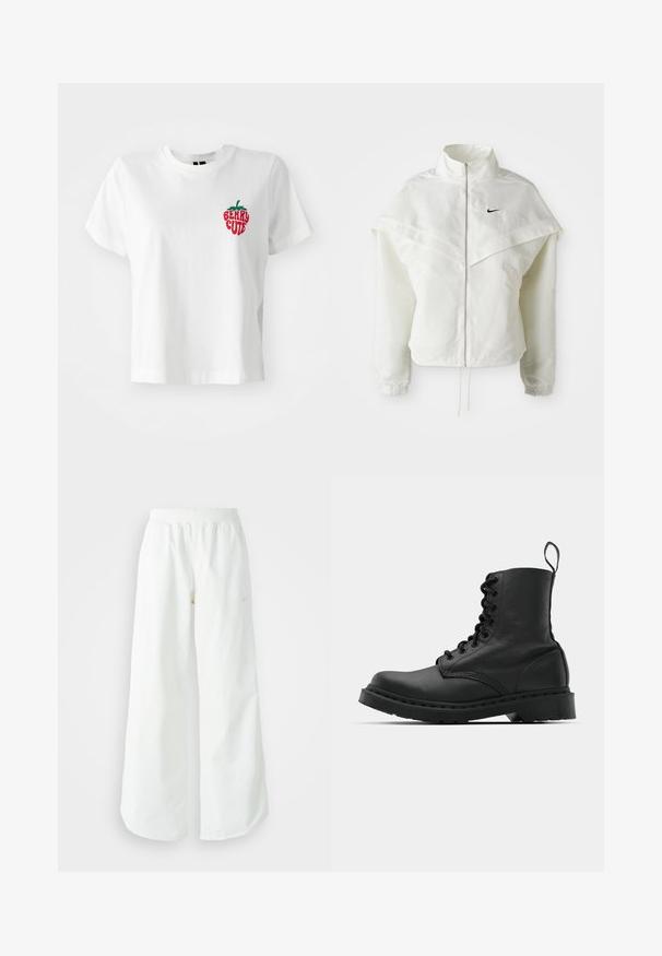 Balta ilga rankovė zip-up striukė su aukštu apykakle, švarkelio tipo detalėmis ant pečių, elastingomis rankovėmis ir mažuoju juodu Nike logotipu ant krūtinės.; Balta medvilninė marškinėliai trumpomis rankovėmis ir apvaliu iškirpimu, su raudona ir žalia siuvinėta braške ir tekstu "BERRY CUTE."; Balti sportiniai keliai su platėjančiomis kojomis, su įtemptu juosmeniu ir subtilia logotipo detale. Lygus audinys, laisvas kirpimas ir siaurėjantis apatinis kraštas.; Juodas odinis kovinis botas su apvalioms pirštams, šnerviniu priekiniu užsegimu ir užtraukiamu užtrauktuku prie kulkšnies. Ypatybė - storas guminis padas, užtikrinantis ilgaamžiškumą.