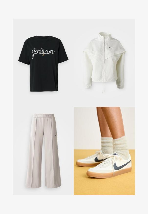White long-sleeve zip-up jacket with high collar, cape-like detail across shoulders, elastic cuffs, and small black Nike logo on chest.; Black cotton t-shirt with short sleeves featuring "Jordan" in rhinestones and a gold accent of a jumpman logo below the text.; Light gray wide-leg pants made of smooth fabric. Features an elastic waistband and black Nike logo on the left side.; White Nike sneakers with navy swoosh, textured fabric, white laces, and gum sole, paired with fuzzy light green socks. Yellow background.