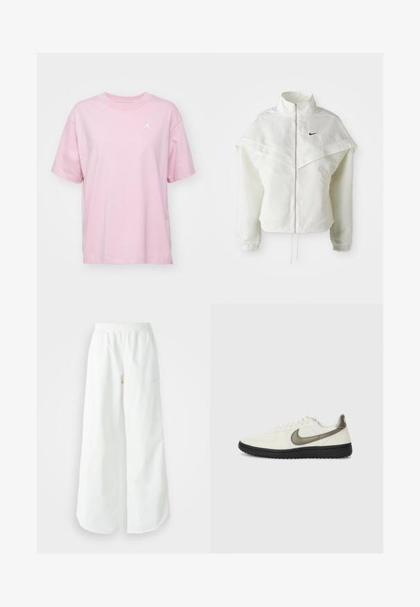 Bela jakna z dolgimi rokavi in zadrgo, visokim ovratnikom, plaščastim detajlom čez ramena, elastičnimi manšetami in majhnim črnim logotipom Nike na prsih.; Jordan TEE CORE 23 - Navadna majica - pink glaze/white; Bela športna hlače širokega kroja z rebrastim pasom in diskretno logotipno podrobnostjo. Gladek material z sproščenim krojem in zoženim robom.; Nike Sportswear FIELD GENERAL - Športni copati - off-white/black