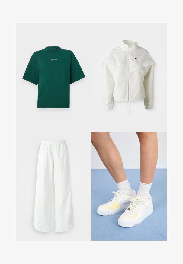 Balta ilga rankovė zip-up striukė su aukštu apykakle, švarkelio tipo detalėmis ant pečių, elastingomis rankovėmis ir mažuoju juodu Nike logotipu ant krūtinės.; Žalias medvilninis marškinėliai su aukštu kaklu, trumpomis rankovėmis ir auksiniu siuvinėtu logotipu krūtinėje. Paprastas, kvadratinis dizainas.; Balti sportiniai keliai su platėjančiomis kojomis, su įtemptu juosmeniu ir subtilia logotipo detale. Lygus audinys, laisvas kirpimas ir siaurėjantis apatinis kraštas.; Baltos odinės sportbačiai su geltonais ir levandų akcentais, apvaliu pirštu, plokščiomis raišteliais ir tekstūruota guma. Dėvimi su baltais kojinėmis.