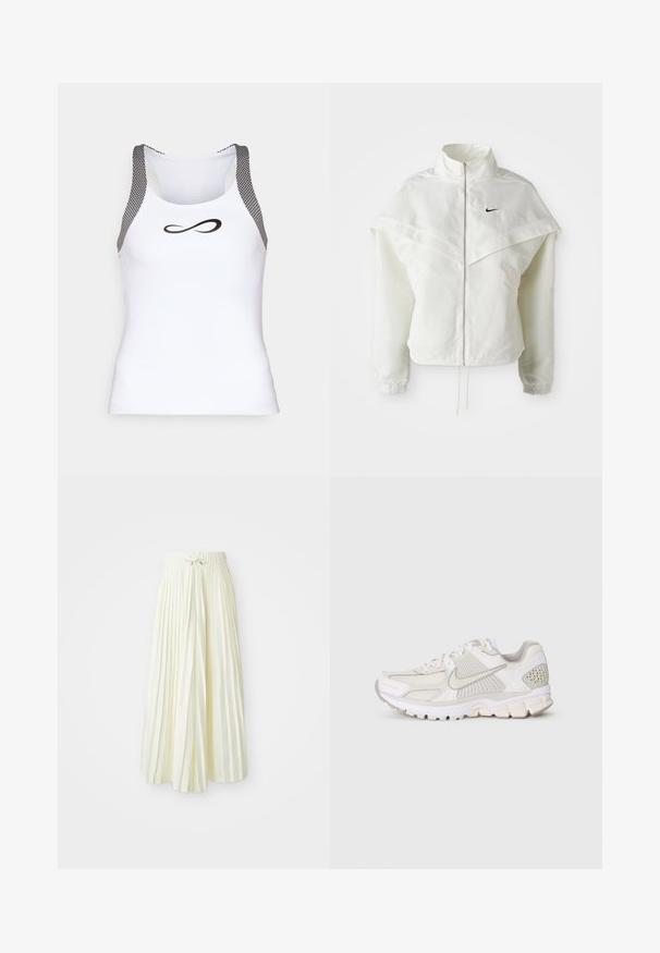 Bela jakna z dolgimi rokavi in zadrgo, visokim ovratnikom, plaščastim detajlom čez ramena, elastičnimi manšetami in majhnim črnim logotipom Nike na prsih.; Bela športna majica brez rokavov z črnimi mrežastimi poudarki na ramenih in črnim neskončnim logotipom spredaj. Gladka tkanina, prilegajoč dizajn.; Plisirana midi krila iz svetlo rumenega blaga, ki ima elastičen pas z vezalko, gladko teksturo in vertikalne črte za dodatne podrobnosti.; Bela športna obutev iz mrežastega in sintetičnega materiala. Ima teksturiran dizajn, obloženo ovratnico in geometrijske poudarke na peti.