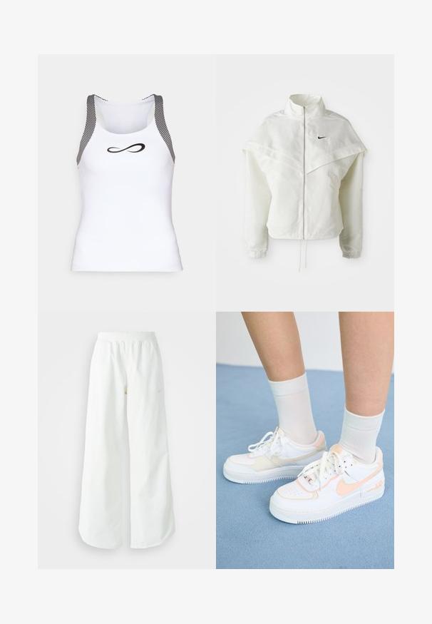 White long-sleeve zip-up jacket with high collar, cape-like detail across shoulders, elastic cuffs, and small black Nike logo on chest.; White athletic tank top with black mesh accents on the shoulders and a black infinity logo on the front. Smooth fabric, fitted design.; White wide-leg athletic pants with a ribbed waistband and subtle logo detail. Smooth fabric with a relaxed fit and tapered hem.; White sneakers with peach accents, smooth leather upper, perforated toe, textured sole, and laces. Worn with white crew socks on a blue surface.
