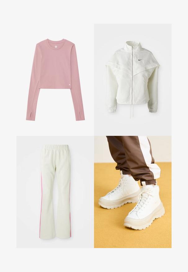 White long-sleeve zip-up jacket with high collar, cape-like detail across shoulders, elastic cuffs, and small black Nike logo on chest.; Long-sleeve cropped top in soft pink fabric; features a round neck, thumbholes in the cuffs, and a small logo on the hem.; Light beige pants with an elastic waistband, featuring pink side panels and side pockets. Smooth texture with a straight-leg design.; White high-top sneakers with a chunky, textured sole, featuring a smooth upper, round toe, and tonal laces, set against a yellow background.