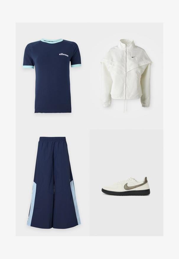 Hvit langermet jakke med glidelås og høy krage, kappe-lignende detaljer over skuldrene, elastiske mansjetter, og liten svart Nike-logo på brystet.; Marineblå t-skjorte med korte ermer laget av bomull, med lyseblå kant på krage og ermer, og med hvit "ellesse" logo på forsiden.; Maritime vide bukser med elastisk talje, med lyseblå sidelapper og en glat tekstur. Designet for komfort og let bevægelse.; Nike Sportswear FIELD GENERAL - Joggesko - off-white/black