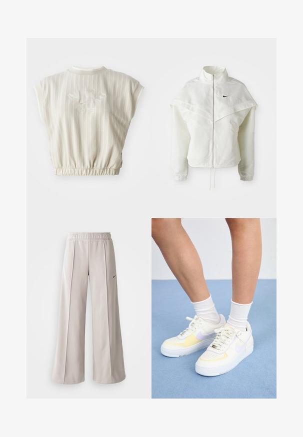 Hvit langermet jakke med glidelås og høy krage, kappe-lignende detaljer over skuldrene, elastiske mansjetter, og liten svart Nike-logo på brystet.; Lys beige cropped topp med vertikale striper. Ribbestrikket rund hals, elastisk kant, brodert "Nike"-logo og året "1972" på baksiden. Myk stoffstruktur.; Lys grå vide bukser lavet af glat stof. Har en elastisk talje og sort Nike-logo på venstre side.; Hvit lær sneakers med gule og lavendel detaljer, rund tå, flate lisser, og teksturert gummisåle. Brukt med hvite sokker.