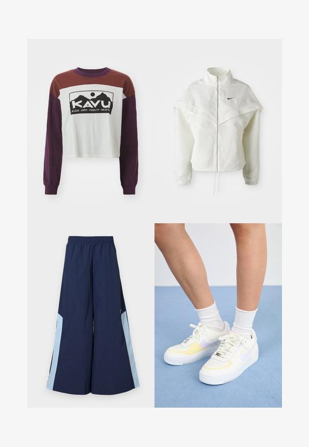 Witte lange mouwen zip-up jas met hoge kraag, cape-achtige details over de schouders, elastische manchetten en een klein zwart Nike-logo op de borst.; KAVU FRANCIS - Longsleeve - canyon ranch; Marine wijde broek met een elastische tailleband, voorzien van lichtblauwe zijpanelen en een gladde textuur. Ontworpen voor comfort en bewegingsvrijheid.; Witte leren sneakers met gele en lavendelkleurige accenten, ronde neus, platte veters en een textuurrubber zool. Gdraag met witte sokken.