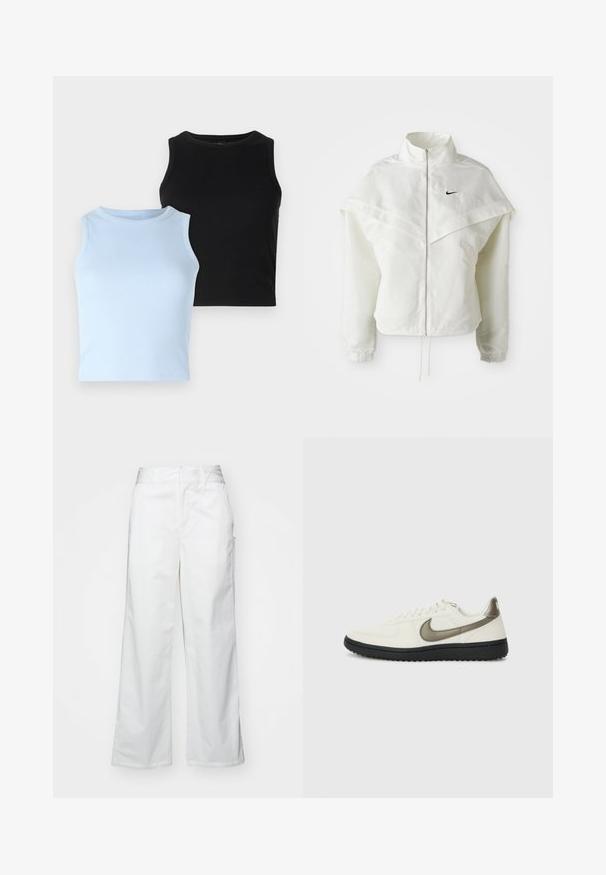 Witte lange mouwen zip-up jas met hoge kraag, cape-achtige details over de schouders, elastische manchetten en een klein zwart Nike-logo op de borst.; Twee mouwloze tops: één lichtblauw, één zwart. Beide zijn van ribstof met een ronde hals. Het ontwerp is aansluitend, zonder zichtbare patronen of accenten.; Witte wijde broek gemaakt van katoen, met een gladde textuur, rechte pasvorm, voorzakken en een schone zoom.; Nike Sportswear FIELD GENERAL - Sneakers laag - off-white/black