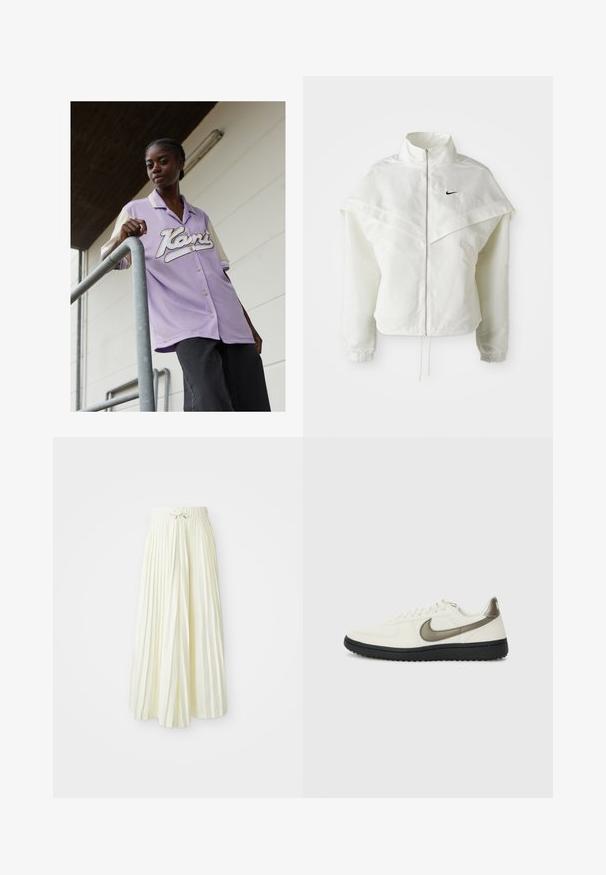 Chaqueta blanca de manga larga con cremallera y cuello alto, detalle tipo capa en los hombros, puños elásticos y pequeño logo negro de Nike en el pecho.; Camisa de manga corta lila con cuello color crema, que presenta un gran logo blanco en cursiva en la parte delantera. El modelo está de pie contra una barandilla de metal.; Falda midi plisada en tela de color amarillo claro, con una cinturilla elástica y un lazo, textura suave y rayas verticales para un detalle adicional.; Nike Sportswear FIELD GENERAL - Zapatillas - off-white/black