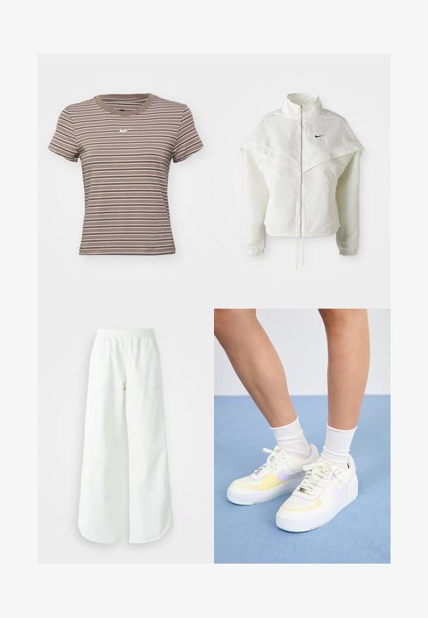 Balta ilga rankovė zip-up striukė su aukštu apykakle, švarkelio tipo detalėmis ant pečių, elastingomis rankovėmis ir mažuoju juodu Nike logotipu ant krūtinės.; Ruda ir balta dryžuota trumpų rankovių marškinėlių su apvalia iškirpte ir mažuoju baltu logotipu krūtinėje. Pagaminta iš minkštos medvilnės medžiagos.; Balti sportiniai keliai su platėjančiomis kojomis, su įtemptu juosmeniu ir subtilia logotipo detale. Lygus audinys, laisvas kirpimas ir siaurėjantis apatinis kraštas.; Baltos odinės sportbačiai su geltonais ir levandų akcentais, apvaliu pirštu, plokščiomis raišteliais ir tekstūruota guma. Dėvimi su baltais kojinėmis.