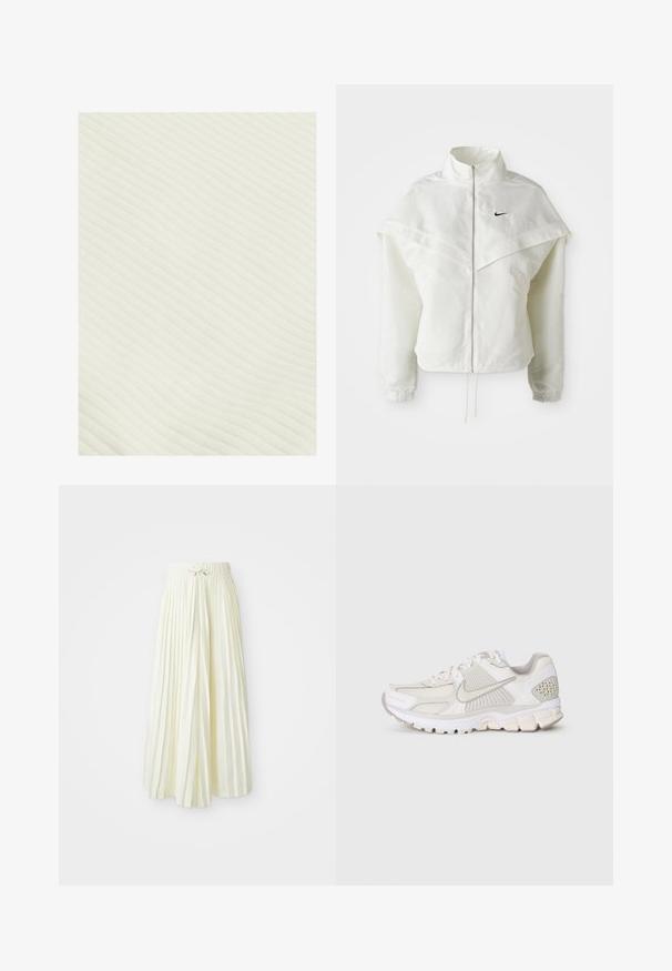 Balta ilga rankovė zip-up striukė su aukštu apykakle, švarkelio tipo detalėmis ant pečių, elastingomis rankovėmis ir mažuoju juodu Nike logotipu ant krūtinės.; Šviesiai kreminės spalvos grotelėta medžiaga su švelniu tekstūros paviršiumi, kurioje yra horizontalios linijos, sudarančios subtilų raštą. Medžiaga atrodo lengva ir lanksti.; Šviesiai geltona, krokuota midi sijonas, su elastinga juosta ir juostele, glotnaus audinio tekstūra ir vertikalios juostelės papildomam akcentui.; Baldos spalvos sportinė avalynė, pagaminta iš tinklinės ir sintetinės medžiagos. Yra su tekstūruotu dizainu, paminkštintu apvadu ir geometriniais akcentais ant kulno.