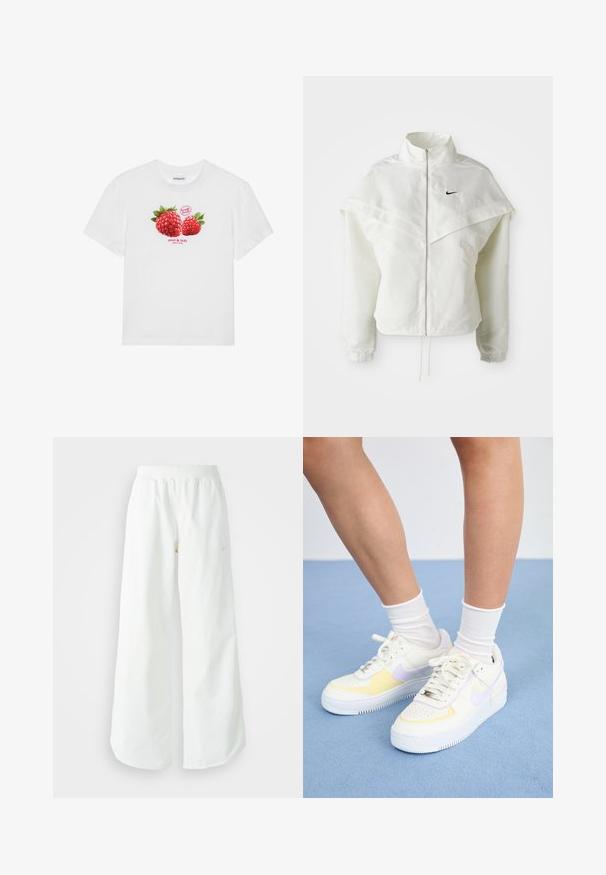 Witte lange mouwen zip-up jas met hoge kraag, cape-achtige details over de schouders, elastische manchetten en een klein zwart Nike-logo op de borst.; Witte katoenen T-shirt met een graphic van twee rode frambozen met groene bladeren, en de teksten "verse vruchten" en "zoet & lekker" eronder.; Witte atletische broek met wijde pijpen, een geribde tailleband en subtiele logodetails. Soepele stof met een relaxte pasvorm en taps toelopende zoom.; Witte leren sneakers met gele en lavendelkleurige accenten, ronde neus, platte veters en een textuurrubber zool. Gdraag met witte sokken.