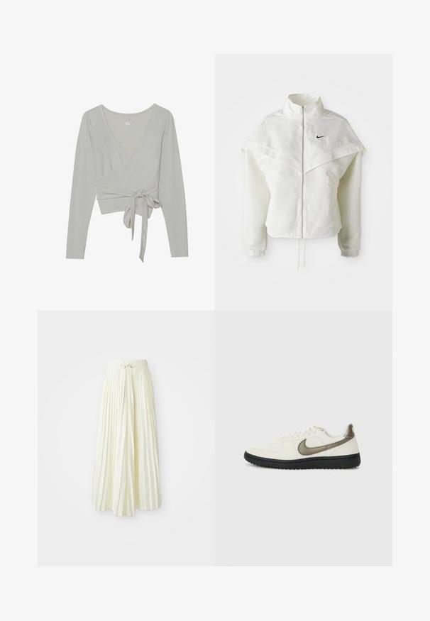 Giacca bianca a maniche lunghe con zip e colletto alto, dettaglio a mantella sulle spalle, polsini elasticizzati e piccolo logo Nike nero sul petto.; Top lungo a maniche in beige chiaro con texture a costine. Presenta un profondo scollo a V e un dettaglio con cintura legata in vita.; Gonna midi plissettata in tessuto giallo chiaro, con una vita elasticizzata e un legaccio, texture liscia e righe verticali per un tocco di dettaglio.; Nike Sportswear FIELD GENERAL - Sneakers basse - off-white/black