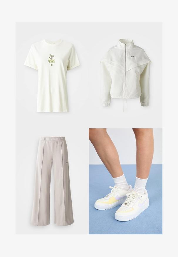 Giacca bianca a maniche lunghe con zip e colletto alto, dettaglio a mantella sulle spalle, polsini elasticizzati e piccolo logo Nike nero sul petto.; T-shirt bianco a maniche corte con una grafica di una pianta verde che cresce da due mani a coppa, centrata sul petto.; Pantaloni ampi grigio chiaro realizzati in tessuto liscio. Presentano una vita elastica e il logo Nike nero sul lato sinistro.; Sneakers bianchi in pelle con accenti gialli e lavanda, punta tonda, lacci piatti e suola in gomma texturizzata. Indossati con calzini bianchi.