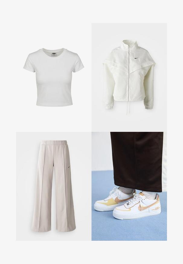 Hvit langermet jakke med glidelås og høy krage, kappe-lignende detaljer over skuldrene, elastiske mansjetter, og liten svart Nike-logo på brystet.; Hvit bomulls t-skjorte med klassisk rund hals, korte ermer og en tettsittende form. Ingen mønstre eller detaljer synlige.; Lys grå vide bukser lavet af glat stof. Har en elastisk talje og sort Nike-logo på venstre side.; Hvite lær sneakers med gull detaljer, med perforert tå, flate lisser og en tykk gummisåle med "AIR" logo på siden.