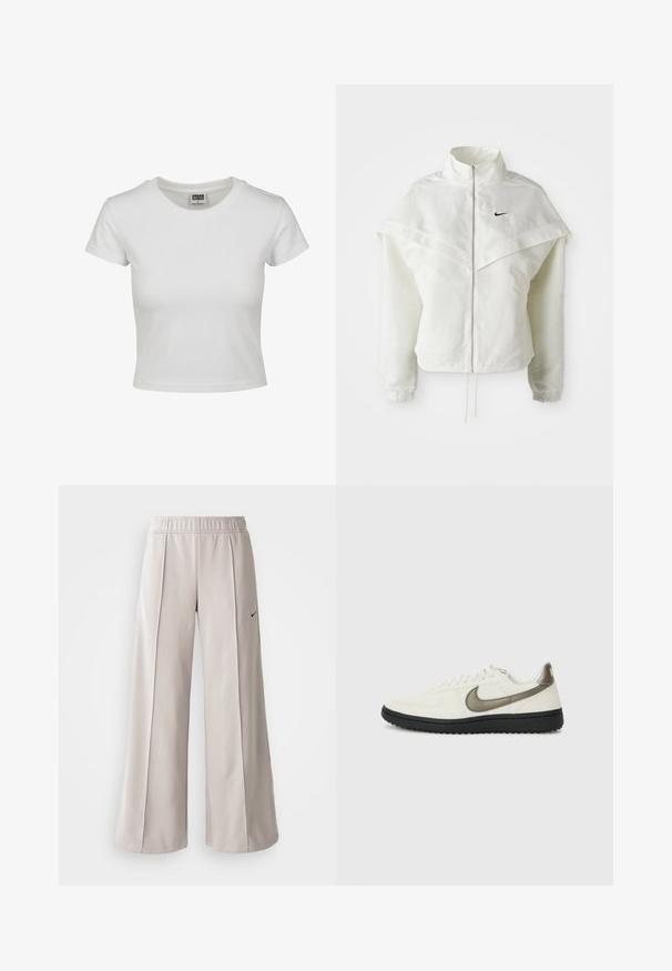 Bela jakna z dolgimi rokavi in zadrgo, visokim ovratnikom, plaščastim detajlom čez ramena, elastičnimi manšetami in majhnim črnim logotipom Nike na prsih.; Bela bombažna majica s klasičnim okroglim ovratnikom, kratkimi rokavi in prilegajočim se krojem. Ni vidnih vzorcev ali dodatkov.; Svetlo sivi široki hlače iz gladkega materiala. Imajo elastični pas in črni Nike logotip na levi strani.; Nike Sportswear FIELD GENERAL - Športni copati - off-white/black