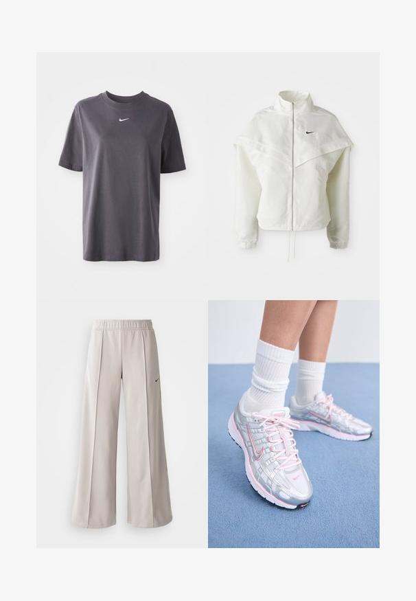 Fehér, hosszú ujjú, zipzáras dzseki magas gallérral, a vállakon lebegő, köpenyszerű résszel, rugalmas mandzsettákkal és kis fekete Nike logóval a mellkason.; Sötét szürke, rövid ujjú póló, puha pamutból készült, kicsi fehér Nike swoosh logóval a mellrészen és klasszikus kerek nyakkal.; Világosszürke, bő szabású nadrág sima anyagból. Gumírozott derékrésszel és fekete Nike logóval a bal oldalon.; Nike futócipők ezüst hálós felsőrésszel, rózsaszín kiegészítőkkel, fehér fűzővel és texturált talppal. Fehér pamut sport zoknival viselve.