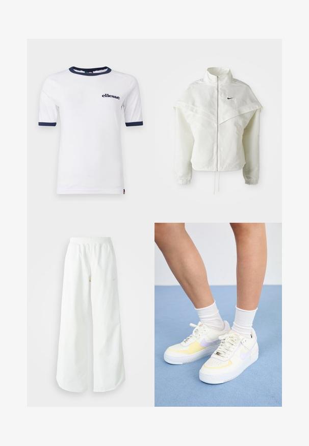 Balta garās piedurknes ar rāvējslēdzēju jaka ar augstu apkakli, apmetņa līdzīga detaļa uz pleciem, elastīgas aproces un mazs melns Nike logotips uz krūtīm.; Balta t-krekls ar apaļo kakla izgriezumu un īsām piedurknēm. Tam ir tumši z blue apdare ap kaklu un piedurknēm. Priekšpusē ir neliels "ellesse" logotips.; Baltas, platais sporta bikses ar ribotu jostasvītru un smalku logotipa detaļu. Gluda auduma ar brīvu piegriezumu un sašaurinātu apakšdaļu.; Balti ādas sporta apavi ar dzelteniem un lavandas akcentiem, apaļa purngala forma, plakani šņores un teksturēta gumijas zole. Valkāti ar baltām zeķēm.
