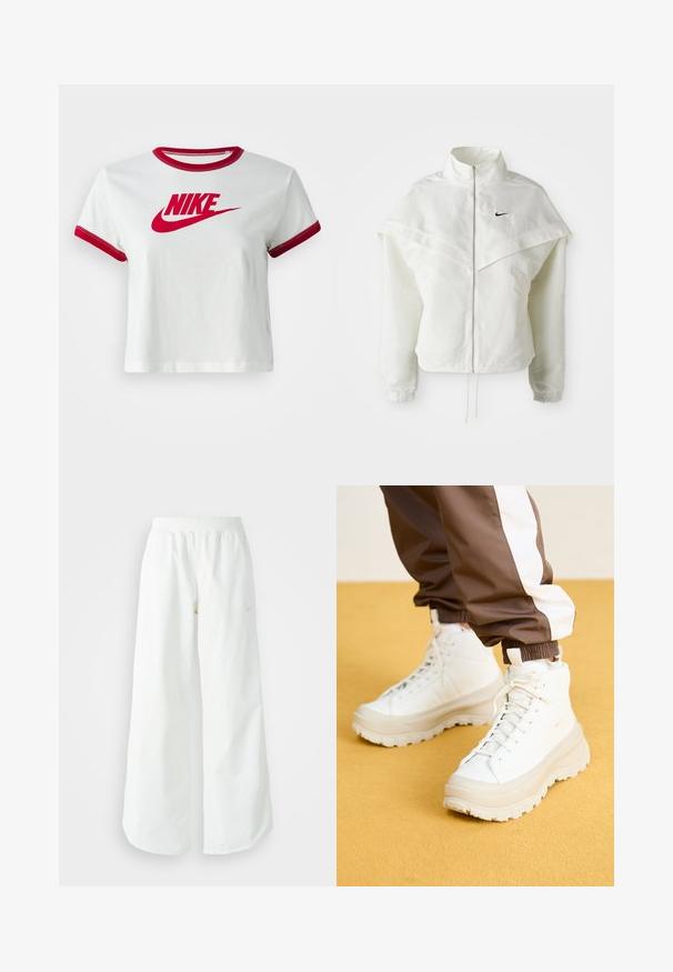 Valge pikkade varrukatega tõmblukuga jakk kõrge kraega, kätetooted, mis meenutavad katet õlgadel, elastsete mansettidega ja väikese musta Nike logoga rinnal.; Valge puuvillane lühike T-särk punase soonitud krae ja varrukate äärtega, mille esipinnal on suur punane Nike'i logo.; Valged laiad spordipüksid, ribadega vöökoht ja diskreetne logosümbol. Sile kangas, lõdvestatud istuvus ja kitsenev ääreosa.; Valged kõrged tossud koos raske, tekstureeritud tallaga, sujuva ülaosa, ümmarguse varbaga ja tonaalsete nööpidega, kollase tausta ees.