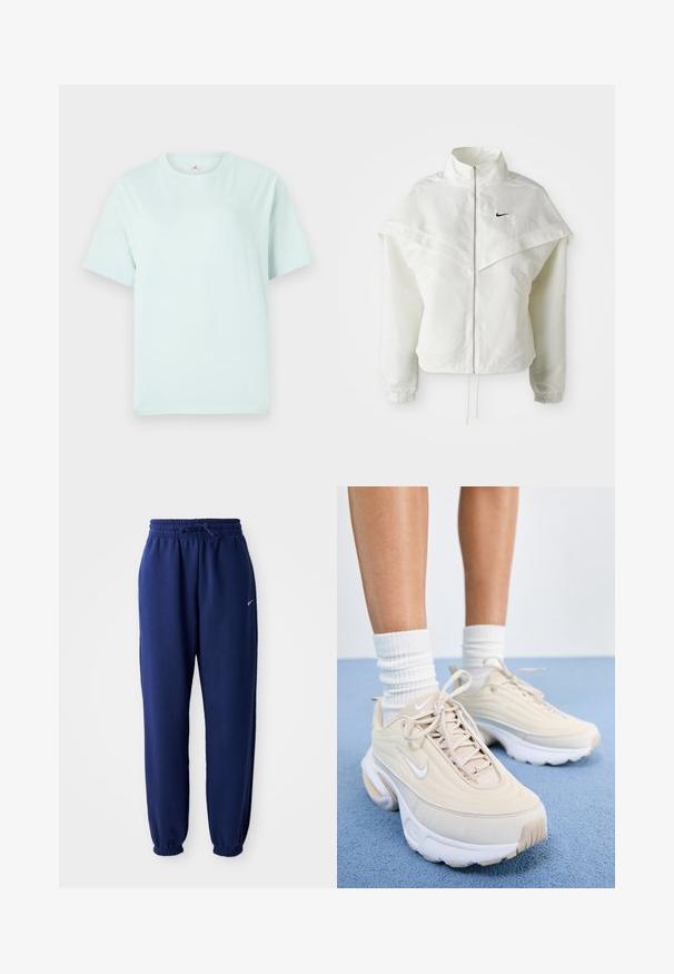 White long-sleeve zip-up jacket with high collar, cape-like detail across shoulders, elastic cuffs, and small black Nike logo on chest.; Light mint green cotton t-shirt with short sleeves and a round neckline. Features a small white logo on the upper left chest.; Navy blue sweatpants made of soft fabric, featuring an elastic waistband with drawstring, elastic cuffs, and a small white logo.; Beige athletic shoes with a textured upper, white laces, and a thick white sole. The design features subtle curves and a small logo.
