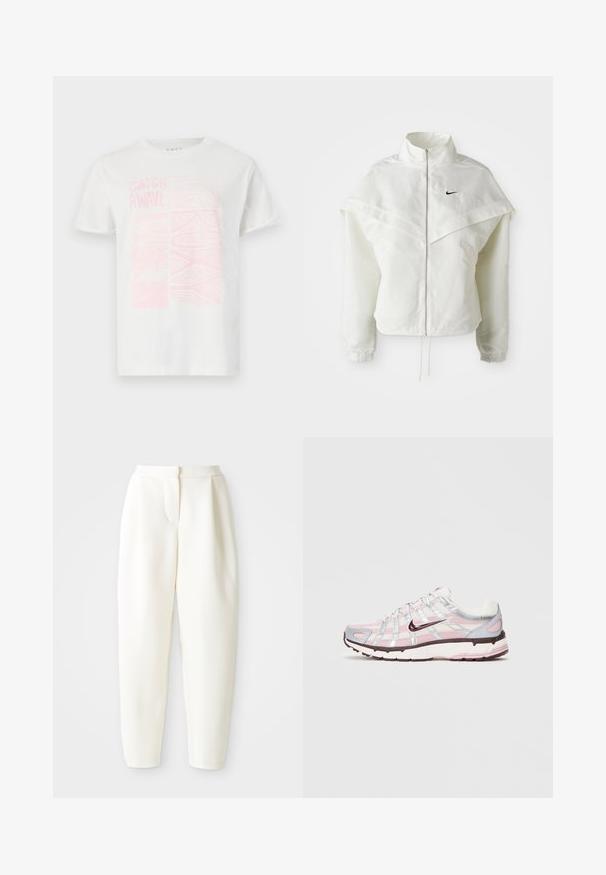 Λευκό ζακέτα με μακριά μανίκια και κλείσιμο με φερμουάρ, υψηλό γιακά, λεπτομέρεια που μοιάζει με κάπα στους ώμους, ελαστικούς μανσέτες και μικρό μαύρο λογότυπο Nike στο στήθος.; Λευκό βαμβακερό μπλουζάκι με ροζ γραφικό σχέδιο που περιλαμβάνει το κείμενο "CATCH A WAVE" και αφηρημένα σχέδια. Βραχίονες κοντοί, στρογγυλή λαιμόκοψη.; Ψηλόμεσες λευκές παντελόνες tapered με κρυφή μπροστινή κλείσιμο και πλευρικές τσέπες, εμφανίζονται σε απλό λευκό φόντο.; Λευκά, ροζ και ασημί αθλητικά παπούτσια Nike P-6000 με επάνω μέρος από διχτυωτό υλικό, ανακλαστικές λεπτομέρειες και σκούρο μωβ λογότυπο swoosh σε απλό ανοιχτό φόντο.