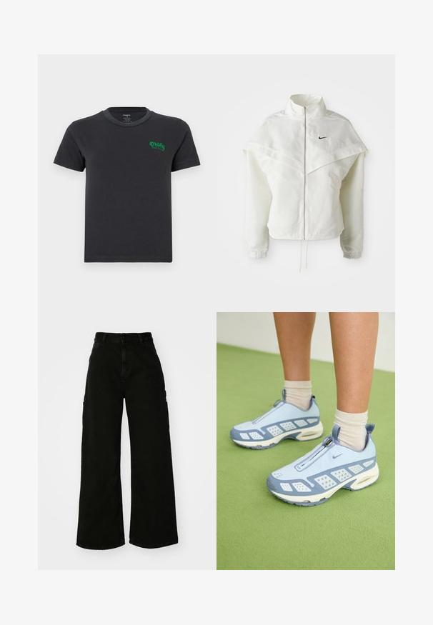 Balta ilga rankovė zip-up striukė su aukštu apykakle, švarkelio tipo detalėmis ant pečių, elastingomis rankovėmis ir mažuoju juodu Nike logotipu ant krūtinės.; Juodas medvilninis marškinėliai su apvalia iškirpte ir trumpomis rankovėmis. Kairėje krūtinės pusėje yra žalios siuvinėjimo "Obey" logotipas. Paprastas dizainas, be raštų.; Juodos plačios kojų kargo kelnės, pagamintos iš džinsinio audinio, su aukštu liemeniu, priekiniais mygtukų uždarymais ir šoniniais kišenėmis. Lygus audinio paviršius su minimaliais siūlais.; Šviesiai mėlynos sportinės batuokai su baltais akcentais, tekstūruotais paneliais ir užtrauktuku. Yra matoma oro amortizavimo padas ir guminis padas.