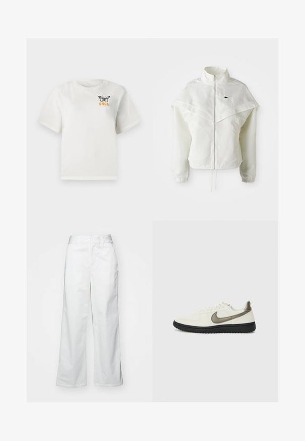 Jachetă albă cu mâneci lungi, cu fermoar, guler înalt, detalii asemănătoare unei capele pe umeri, manșete elastice și un mic logo Nike negru pe piept.; Tricou alb cu mâneci scurte, cu un fluture negru și text portocaliu "RVCA" în partea stângă sus a pieptului.; Pantaloni largi albi din bumbac, cu o textură fină, croi drept, buzunare frontale și tiv curat.; Nike Sportswear FIELD GENERAL - Sneakers low - off-white/black