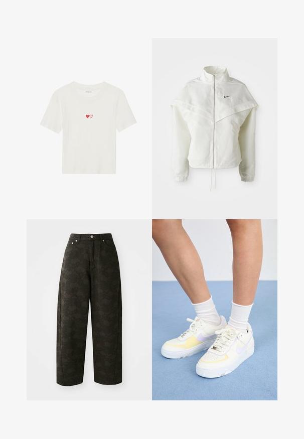 Valkoinen pitkähihainen vetoketjullinen takki korkealla kauluksella, viittamainen yksityiskohta olkapäillä, joustavat hihansuut ja pieni musta Nike-logo rinnassa.; Valkoinen ribattu lyhythihainen t-paita, jossa on kaksi punaista sydäntä brodeerattuna rintaan. Pehmeä kangas klassisella pyöreällä kaula-aukolla.; Tummanvihreät leveälahkeiset housut, joissa on teksturoitu kukkakuosi, viisipaikkainen muotoilu ja metallinapeilla suljettava vyötärö.; Valkoiset nahkakengät, joissa on keltaisia ja laventelinvärisiä yksityiskohtia, pyöreä kärki, litteät nauhat ja teksturoitu kumipohja. Käytetään valkoisten sukkien kanssa.
