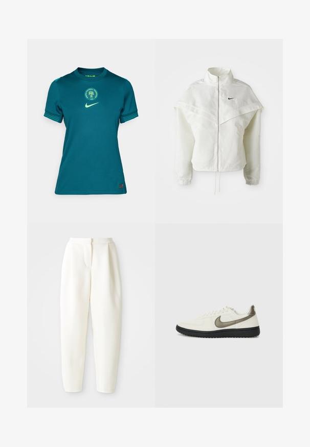 Biela bunda s dlhým rukávom na zips a vysokým golierom, s plášťovým detailom cez plecia, elastickými manžetami a malým čiernym logom Nike na hrudi.; Tyrkysové futbalové tričko Nike s okrúhlym výstrihom, krátkymi rukávmi, zelenými akcentmi a kruhovým logom Futbalovej federácie Nigérie.; Biele nohavice s vysokým pásom a zužujúcim sa strihom, s skrytým predným zapínaním a bočnými vreckami, vystavené na jednofarebnom bielom pozadí.; Nike Sportswear FIELD GENERAL - Tenisky - off-white/black