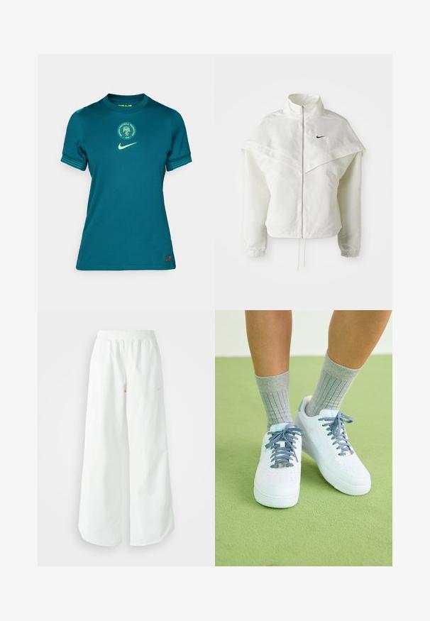Bjela jakna dugih rukava s patentnim zatvaračem i visokim ovratnikom, s kapastim detaljima preko ramena, elastičnim manžetama i malim crnim Nike logom na prsima.; Tirkizna Nike nogometna majica sa okruglim izrezom, kratkim rukavima, zelenim detaljima i kružnom logotipom Nogometne federacije Nigerije.; Bijele široke sportske hlače s rebrastim pojasom i suptilnim logotipom. Glatka tkanina s opuštenim krojem i suženim rubom.; Bijele kožne tenisice s plavim akcentima, perforiranim dizajnom na prstima i teksturiranim plavo-bijelim vezicama, nosene s tamnosivim rebrastim čarapama.