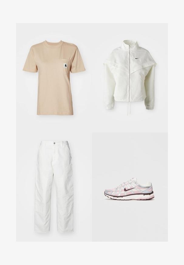 Balta garās piedurknes ar rāvējslēdzēju jaka ar augstu apkakli, apmetņa līdzīga detaļa uz pleciem, elastīgas aproces un mazs melns Nike logotips uz krūtīm.; Bežīgs kokvilnas T-krekls ar apaļu apkakli, īsām piedurknēm un krūšu kabatu, kuras izskatā ir neliela logotipa uzlīme. Gluda tekstūra un vienkāršs dizains.; Baltas kravas bikses, izgatavotas no denim materiāla, ar brīvu piegriezumu, sānu kabatām un redzamām šuvju detaļām. Vienkārša priekšēja daļa ar pogu aizdari.; Baltas, rozā un sudraba Nike P-6000 sporta apavu modelis ar tīklveida augšdaļu, atstarojošiem elementiem un tumši zilā Swoosh logotipa attēlojumu uz viendabīga gaiša fona.