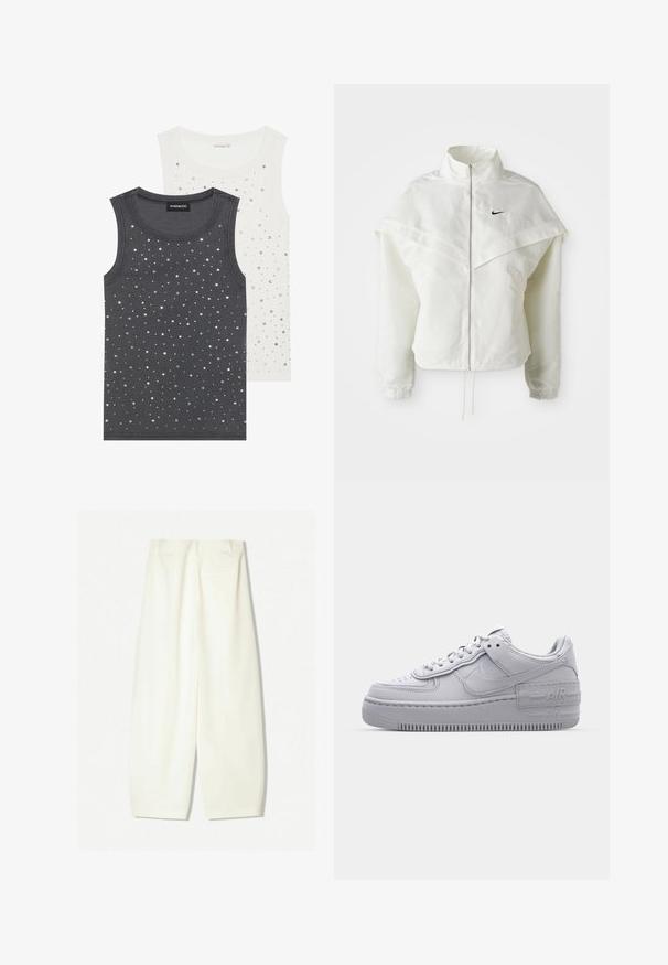 White long-sleeve zip-up jacket with high collar, cape-like detail across shoulders, elastic cuffs, and small black Nike logo on chest.; Two sleeveless tops: one dark gray with a ribbed texture and silver embellishments, the other white with scattered silver dots.; Wide-leg trousers in a soft cream fabric, featuring a smooth texture, front pockets, and a relaxed fit with a mid-rise waistband.; Gray Nike Air Force 1 sneaker with perforated toe, smooth leather upper, thick sole, and embossed 'AIR' detail on the heel.