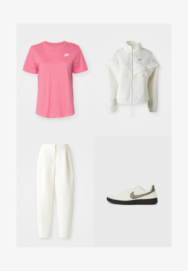 Jaqueta branca de mangas longas com fecho éclair e gola alta, detalhe tipo capa nos ombros, punhos elásticos e pequeno logótipo preto da Nike no peito.; Nike Sportswear CLUB TEE - T-shirt básica - aster pink/white; Calças brancas de cintura alta e corte tapered com fecho frontal oculto e bolsos laterais, exibidas contra um fundo branco liso.; Nike Sportswear FIELD GENERAL - Sapatilhas - off-white/black