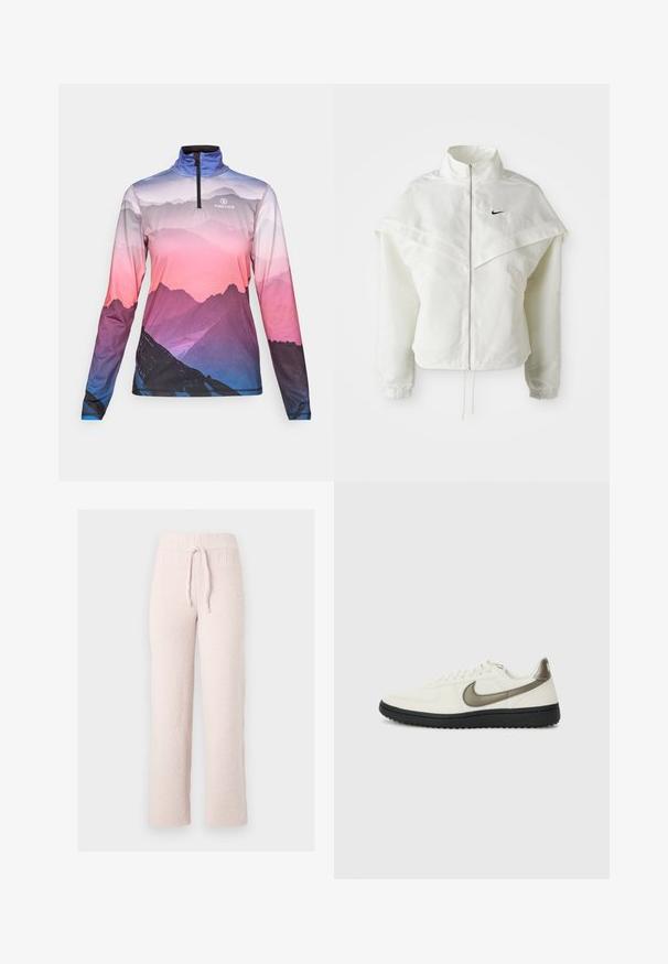 Fehér, hosszú ujjú, zipzáras dzseki magas gallérral, a vállakon lebegő, köpenyszerű résszel, rugalmas mandzsettákkal és kis fekete Nike logóval a mellkason.; Hosszú ujjú, cipzáros felső hegyvidéki tájnyomatban, lila, rózsaszín és kék árnyalatokkal, a "FIRE+ICE" logóval a mellrészen.; Világos rózsaszín, bolyhos pizsamanadrág texturált felülettel, rugalmas derékkal és állítható zsinórral. Egyenes lábszárú, puha anyag.; Nike Sportswear FIELD GENERAL - Sportcipő - off-white/black
