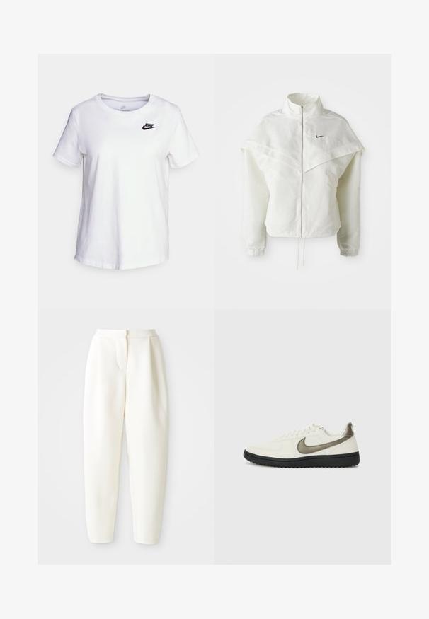 Balta ilga rankovė zip-up striukė su aukštu apykakle, švarkelio tipo detalėmis ant pečių, elastingomis rankovėmis ir mažuoju juodu Nike logotipu ant krūtinės.; Balta medvilnė marškinėliai su apvaliu iškirpimu ir trumpomis rankovėmis. Priekyje, viršutiniame kairiajame krūtinės plote, yra juodas Nike logotipas.; Baltos aukšto liemens siaurėjantys keliai su paslėptu priekinio uždarymo mechanizmu ir šoninėmis kišenėmis, pristatyti prieš paprastą baltą foną.; Nike Sportswear FIELD GENERAL - Sportbačiai - off-white/black