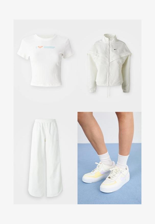 Balta ilga rankovė zip-up striukė su aukštu apykakle, švarkelio tipo detalėmis ant pečių, elastingomis rankovėmis ir mažuoju juodu Nike logotipu ant krūtinės.; Balta trumpa medvilninė marškinėliai. Su užrašu "Aš ❤️ SURF" šviesiai mėlyna ir oranžine spalvomis. Trumpomis rankovėmis ir apvaliu iškirptu.; Balti sportiniai keliai su platėjančiomis kojomis, su įtemptu juosmeniu ir subtilia logotipo detale. Lygus audinys, laisvas kirpimas ir siaurėjantis apatinis kraštas.; Baltos odinės sportbačiai su geltonais ir levandų akcentais, apvaliu pirštu, plokščiomis raišteliais ir tekstūruota guma. Dėvimi su baltais kojinėmis.