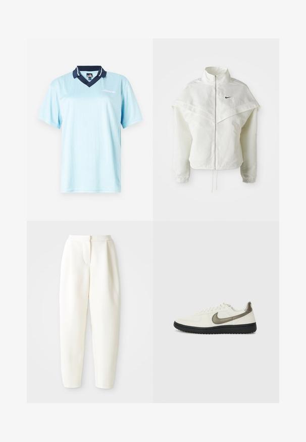 Valkoinen pitkähihainen vetoketjullinen takki korkealla kauluksella, viittamainen yksityiskohta olkapäillä, joustavat hihansuut ja pieni musta Nike-logo rinnassa.; Vaaleansininen lyhythihainen polo-paita, jossa on tummansininen kaulus. Vaakasuoria pinstripe-raidat ja logo etupuolella. Sileä ja kevyt kangas.; Valkoiset korkeavyötäröiset kapenevat housut, joissa on piilovetoketju edessä ja sivutaskut, esiteltynä yksinkertaista valkoista taustaa vasten.; Nike Sportswear FIELD GENERAL - Matalavartiset tennarit - off-white/black