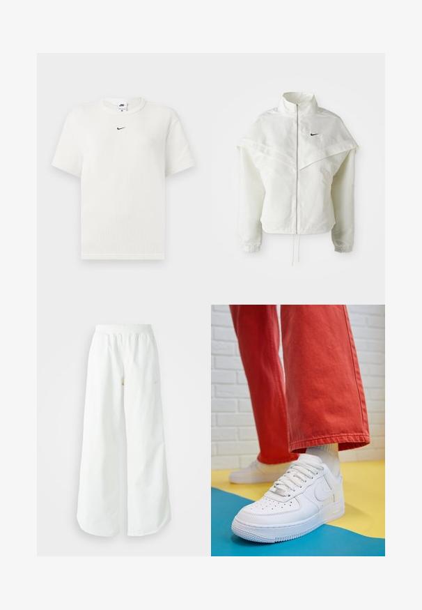 Jaqueta branca de mangas longas com fecho éclair e gola alta, detalhe tipo capa nos ombros, punhos elásticos e pequeno logótipo preto da Nike no peito.; Camisola branca com nervuras, de gola redonda e mangas curtas. Apresenta um pequeno logotipo preto da Nike no peito. Tecido texturizado com um corte ajustado.; Calças atléticas largas brancas com uma cintura canelada e um discreto detalhe de logótipo. Tecido suave com um corte relaxado e terminações ajustadas.; Sapatilha de couro branca com biqueira perfurada, sola texturizada e atacadores brancos, combinada com calças largas vermelhas e um fundo azul e amarelo.