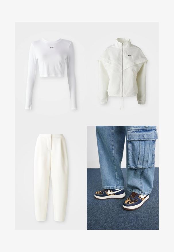 Fehér, hosszú ujjú, zipzáras dzseki magas gallérral, a vállakon lebegő, köpenyszerű résszel, rugalmas mandzsettákkal és kis fekete Nike logóval a mellkason.; Hosszú ujjú, cropped sport póló fehér anyagból, a mellrészen fekete Nike logóval, sima textúrával és testhezálló kialakítással.; Magas derékú, tapered fehér nadrág, rejtett elülső záródással és oldalsó zsebekkel, sima fehér háttér előtt bemutatva.; Tengerészes kék sportcipő leopárdmintás részletekkel, fehér Nike logóval, barna fűzőkkel és fehér középtalppal. Világoskék farmer térdnadrággal párosítva.