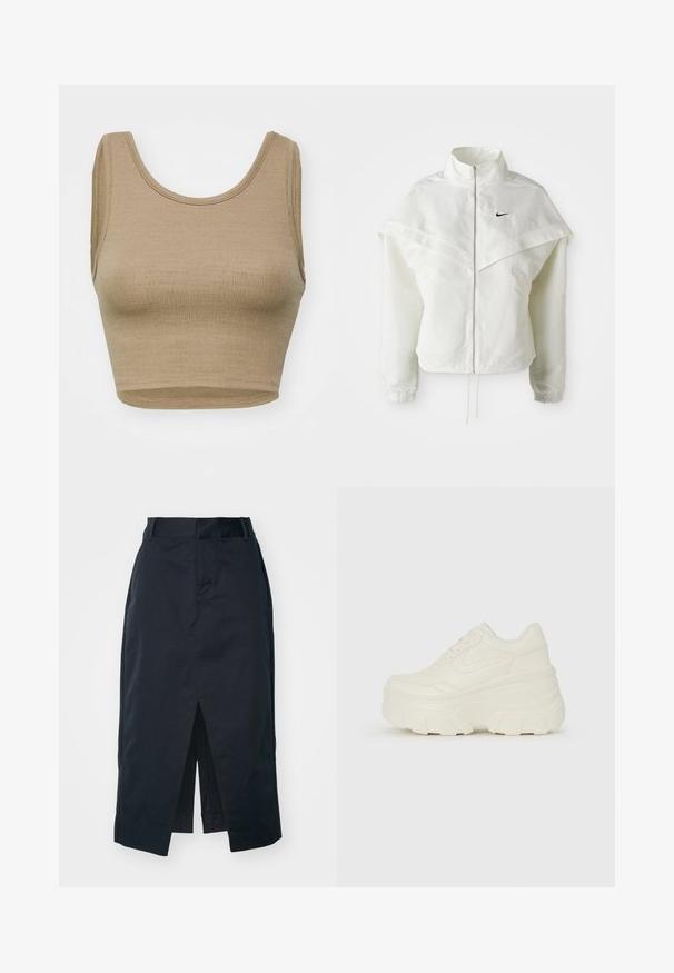 White long-sleeve zip-up jacket with high collar, cape-like detail across shoulders, elastic cuffs, and small black Nike logo on chest.; Beige cropped tank top made of textured knit fabric with a round neckline and wide armholes, featuring a clean, simple cut and no fastenings.; Dark navy midi skirt made of cotton blend fabric, featuring a front slit, concealed zipper, and side pockets for functionality.; White platform sneakers featuring a smooth leather-like upper, rounded shape, padded collar, and textured rubber sole with defined treads.